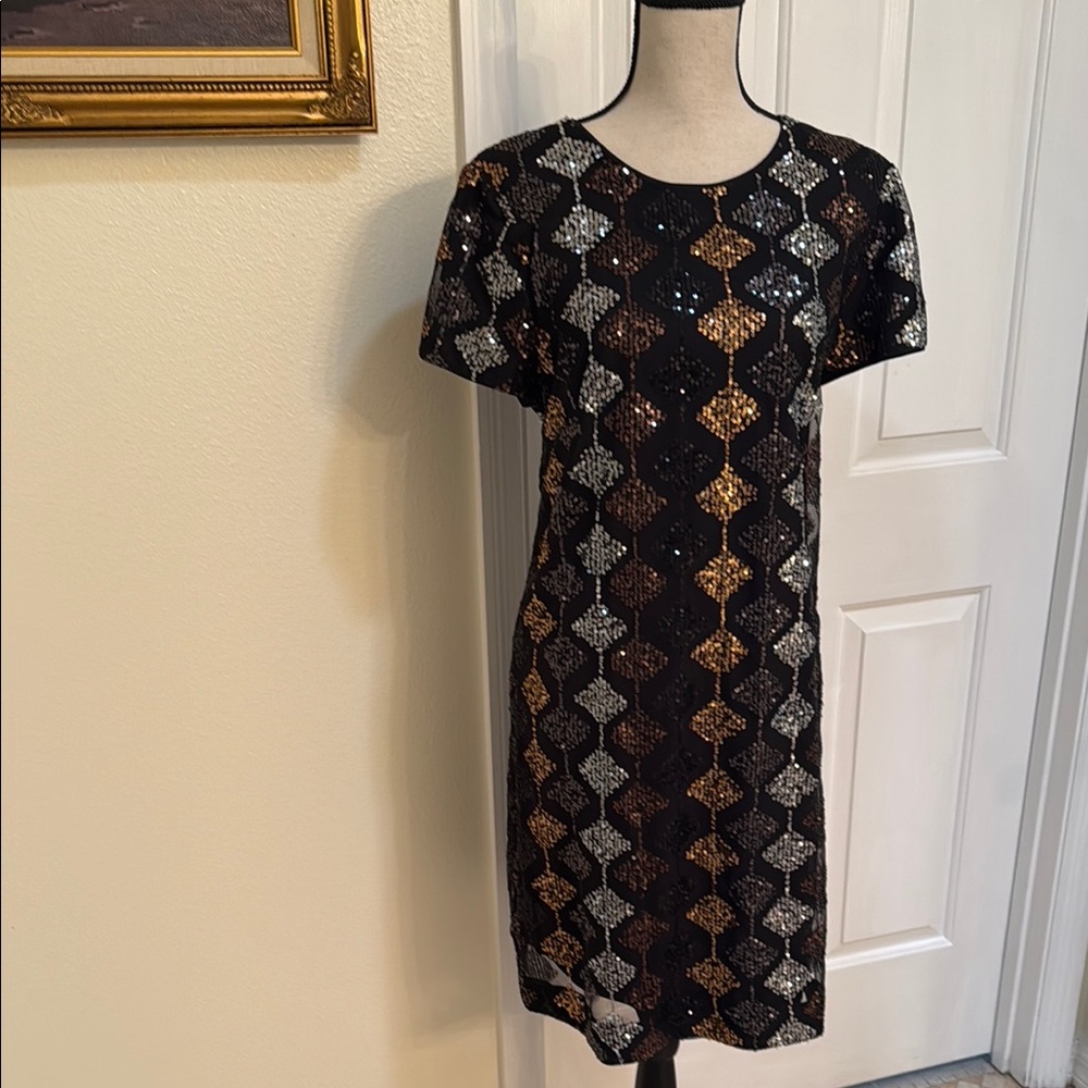 Elegant Black and Gold Sequin Dress-Size 14